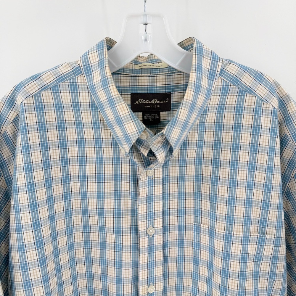 EDDIE BAUER Blue Plaid Short Sleeve Wrinkle Resistant Button Down Shirt Mens XL